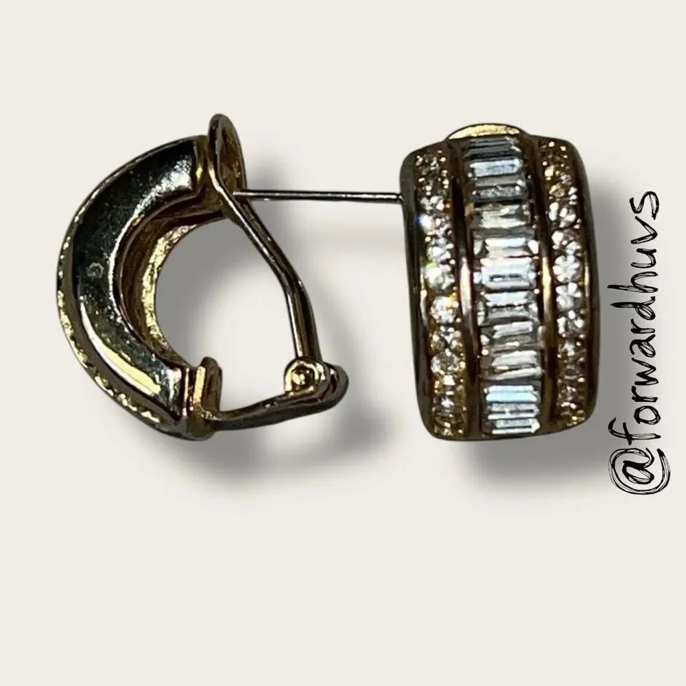 Gold Tone Earrings – Baguette & Round Cut Stones – Omega Back